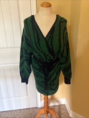 Green and Black Zebra-Stripe Wrap Sweater Dress